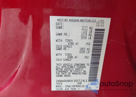 2012 Nissan Titan Sv z USA, uszkodzony, nr VIN 1N6BA0ED8CN307261